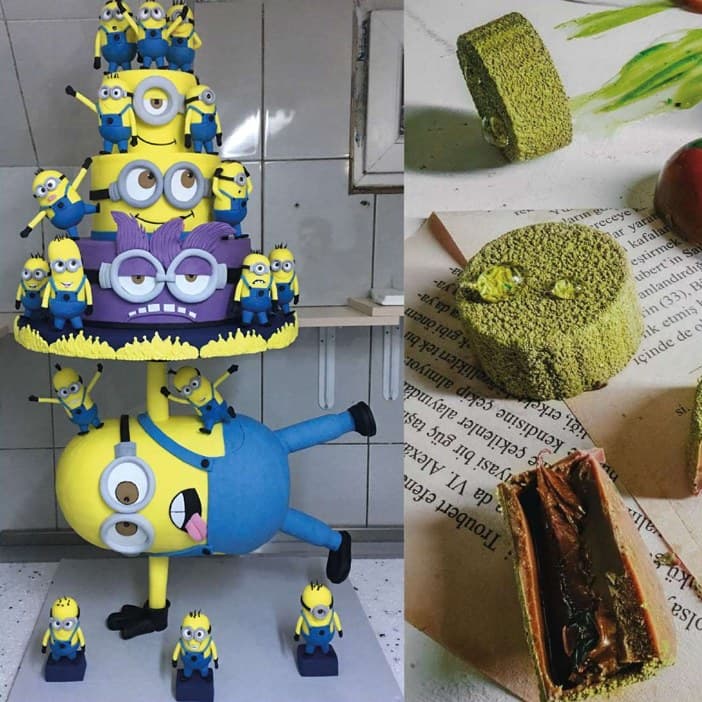 Sculptural Minions celebration cake alongside a matcha gateau